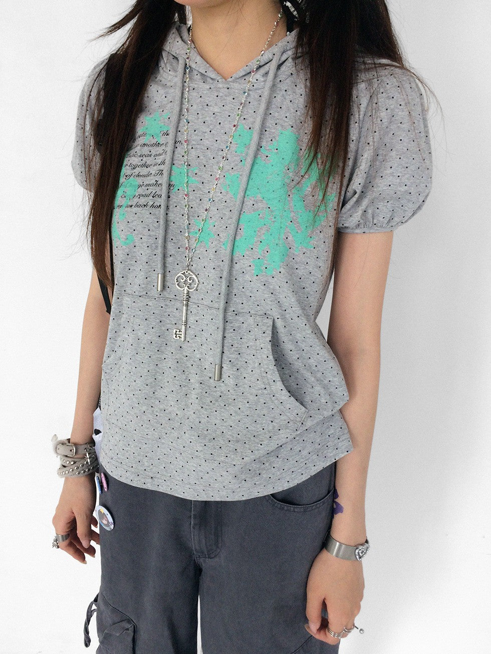 innomoood Mint Polka Dot Print Puff Sleeve Hooded Women&