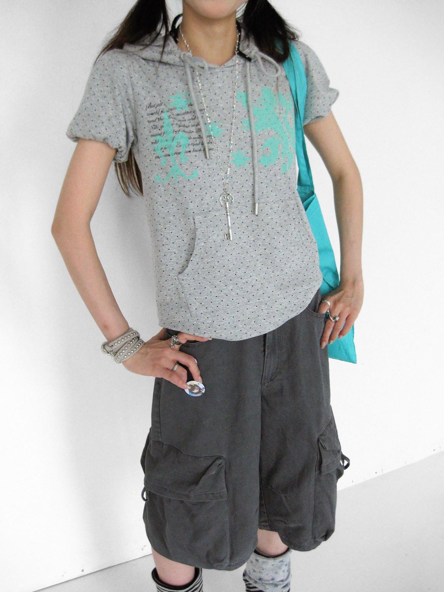 innomoood Mint Polka Dot Print Puff Sleeve Hooded Women&