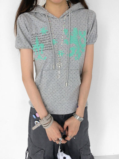 innomoood Mint Polka Dot Print Puff Sleeve Hooded Women&