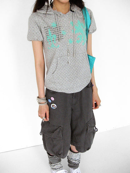 innomoood Mint Polka Dot Print Puff Sleeve Hooded Women&