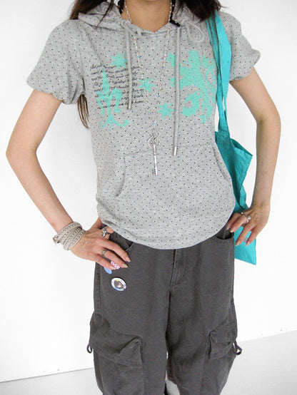 innomoood Mint Polka Dot Print Puff Sleeve Hooded Women&
