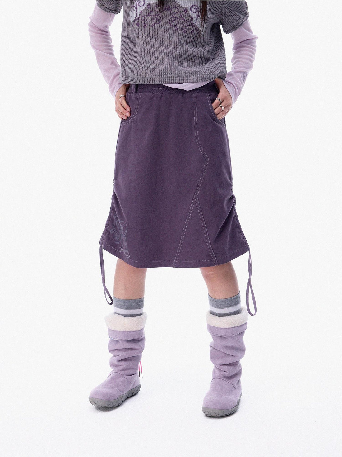 innomoood Mist Purple Distressed Embroidered Elastic Waist Women&