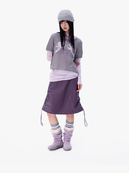 innomoood Mist Purple Distressed Embroidered Elastic Waist Women&