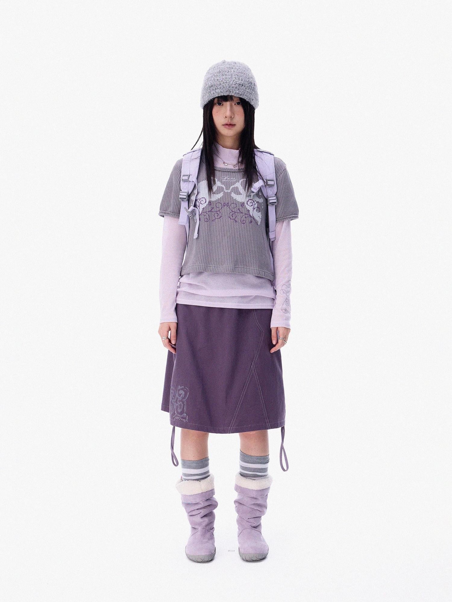 innomoood Mist Purple Distressed Embroidered Elastic Waist Women&