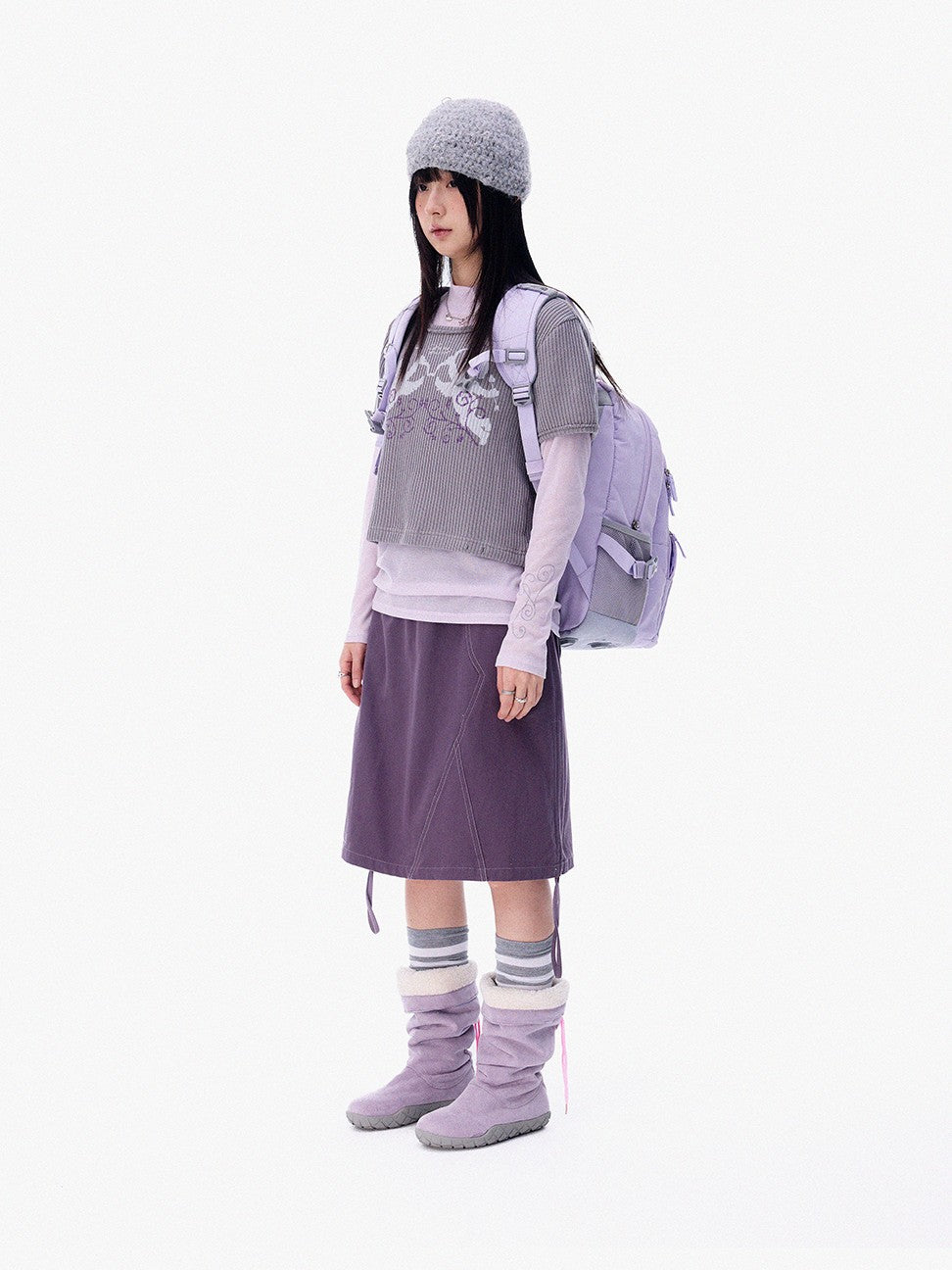 innomoood Mist Purple Distressed Embroidered Elastic Waist Women&
