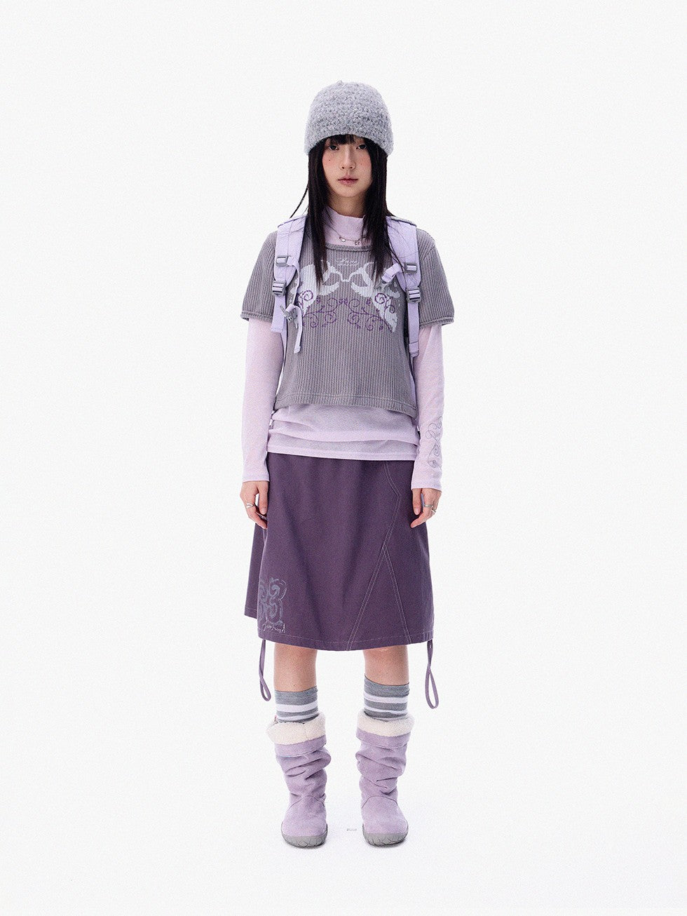 innomoood Mist Purple Distressed Embroidered Elastic Waist Women&