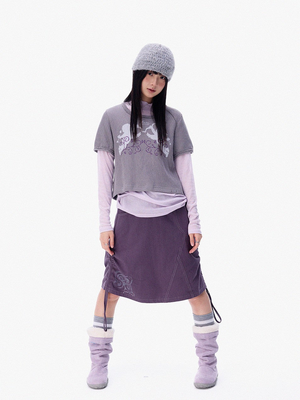 innomoood Mist Purple Distressed Embroidered Elastic Waist Women&