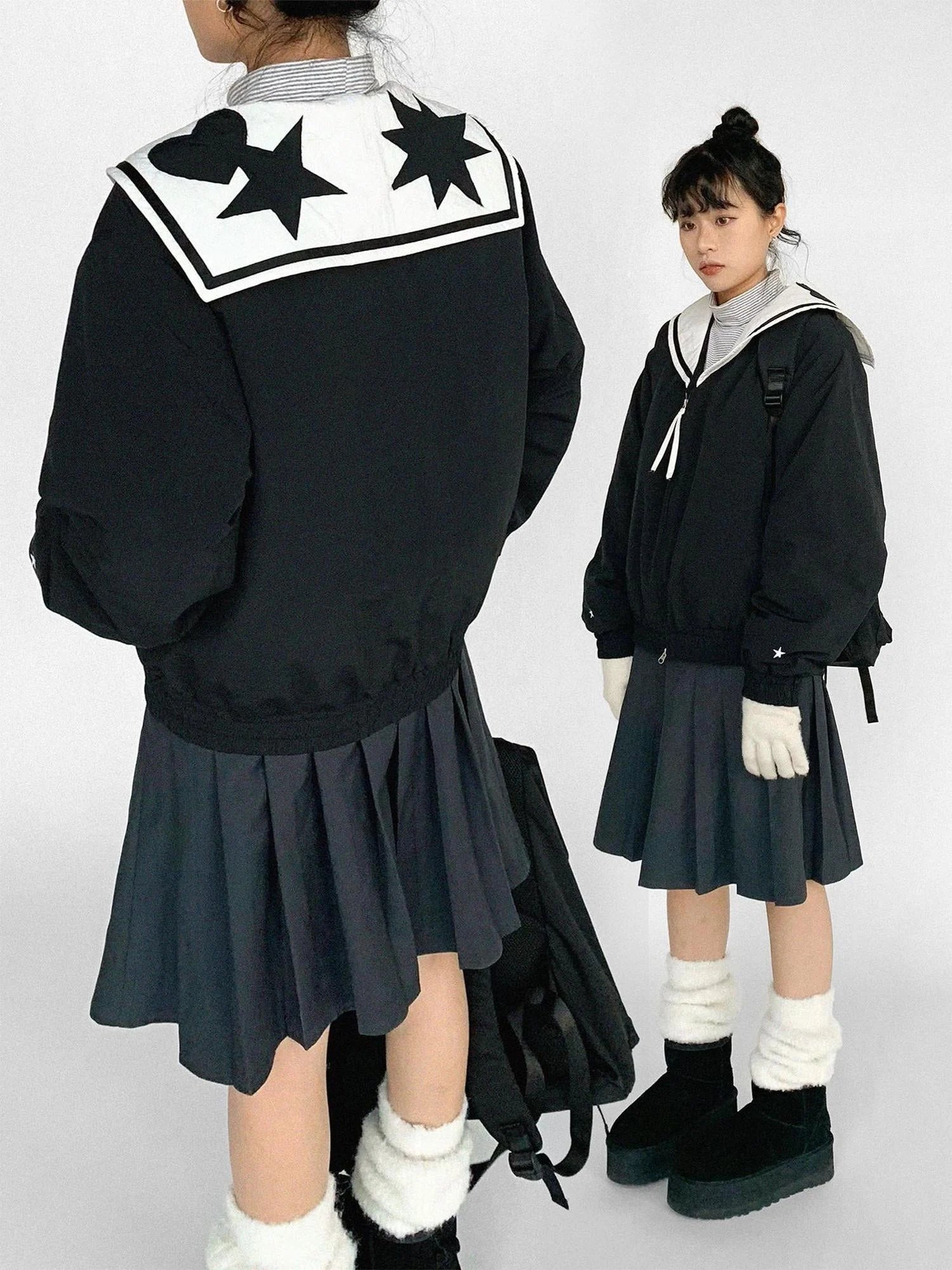 Navy Collar Contrast Cotton Coat Embroidery Detailing