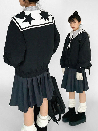 Navy Collar Contrast Cotton Coat Embroidery Detailing
