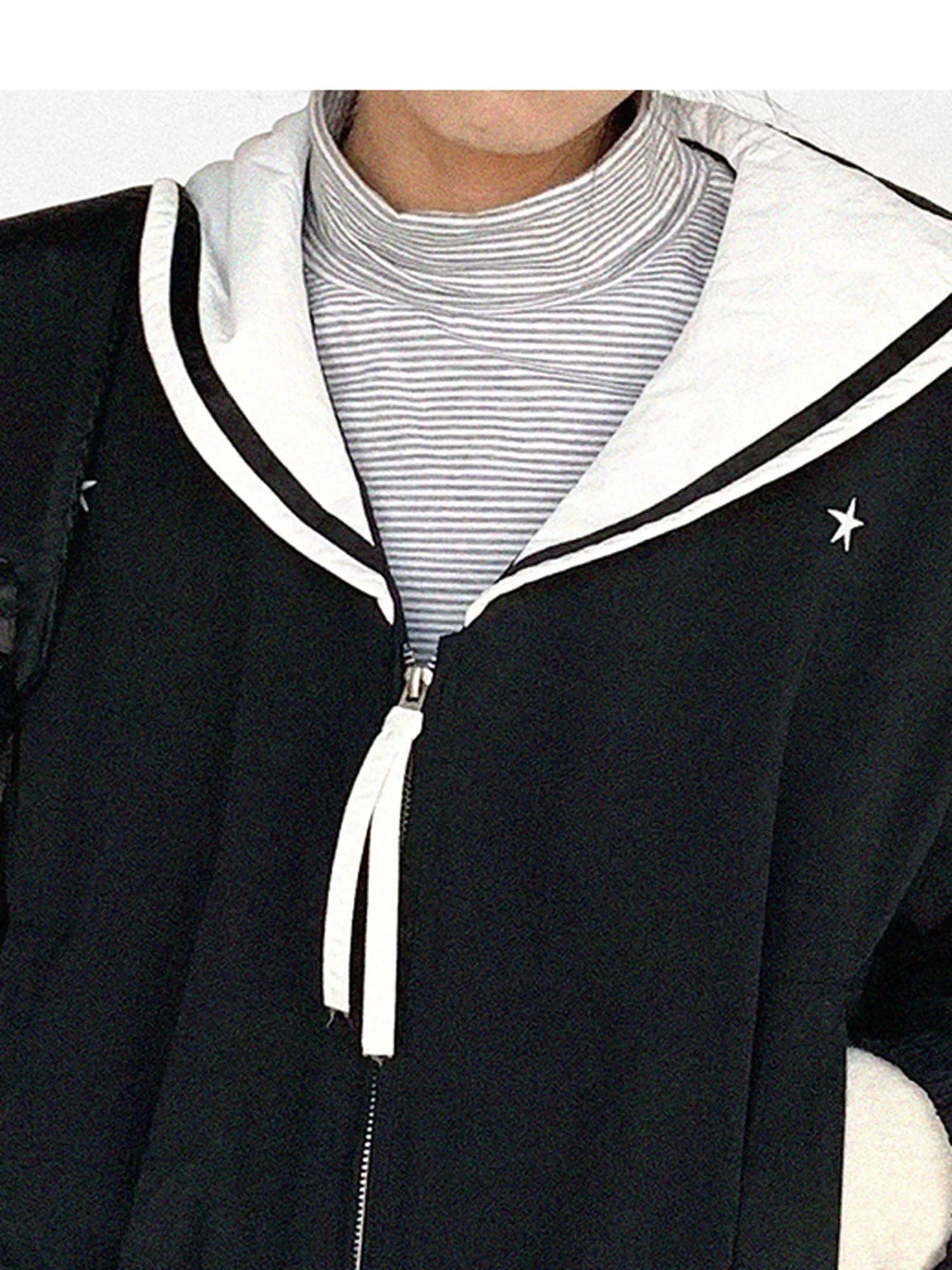 Navy Collar Contrast Cotton Coat Embroidery Detailing