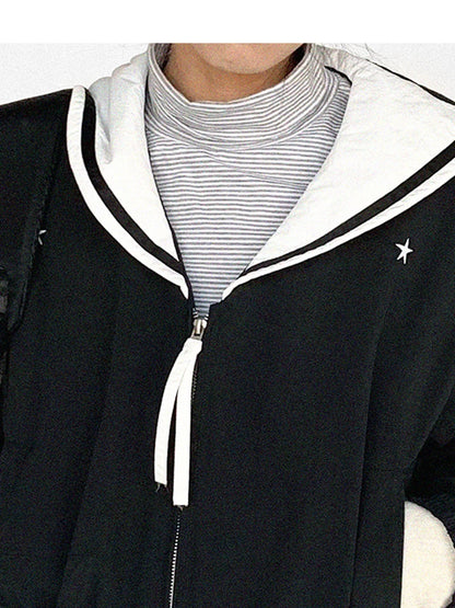 Navy Collar Contrast Cotton Coat Embroidery Detailing