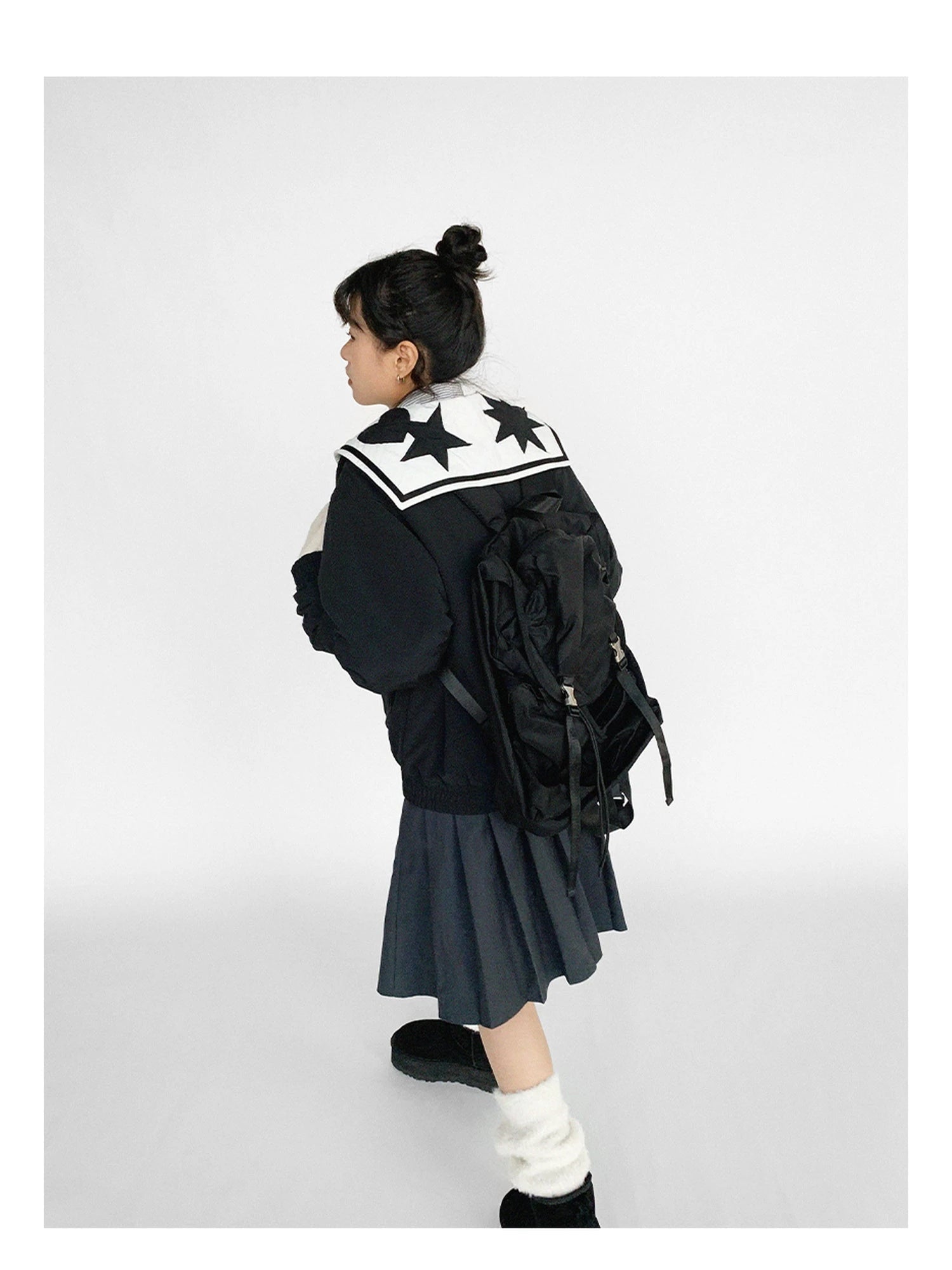 Navy Collar Contrast Cotton Coat Embroidery Detailing