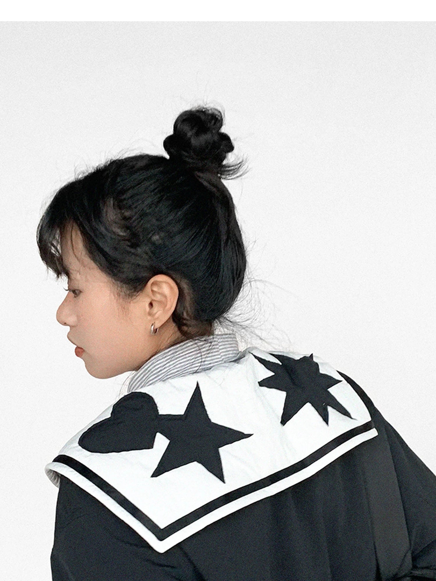 Navy Collar Contrast Cotton Coat Embroidery Detailing