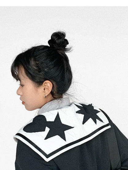 Navy Collar Contrast Cotton Coat Embroidery Detailing