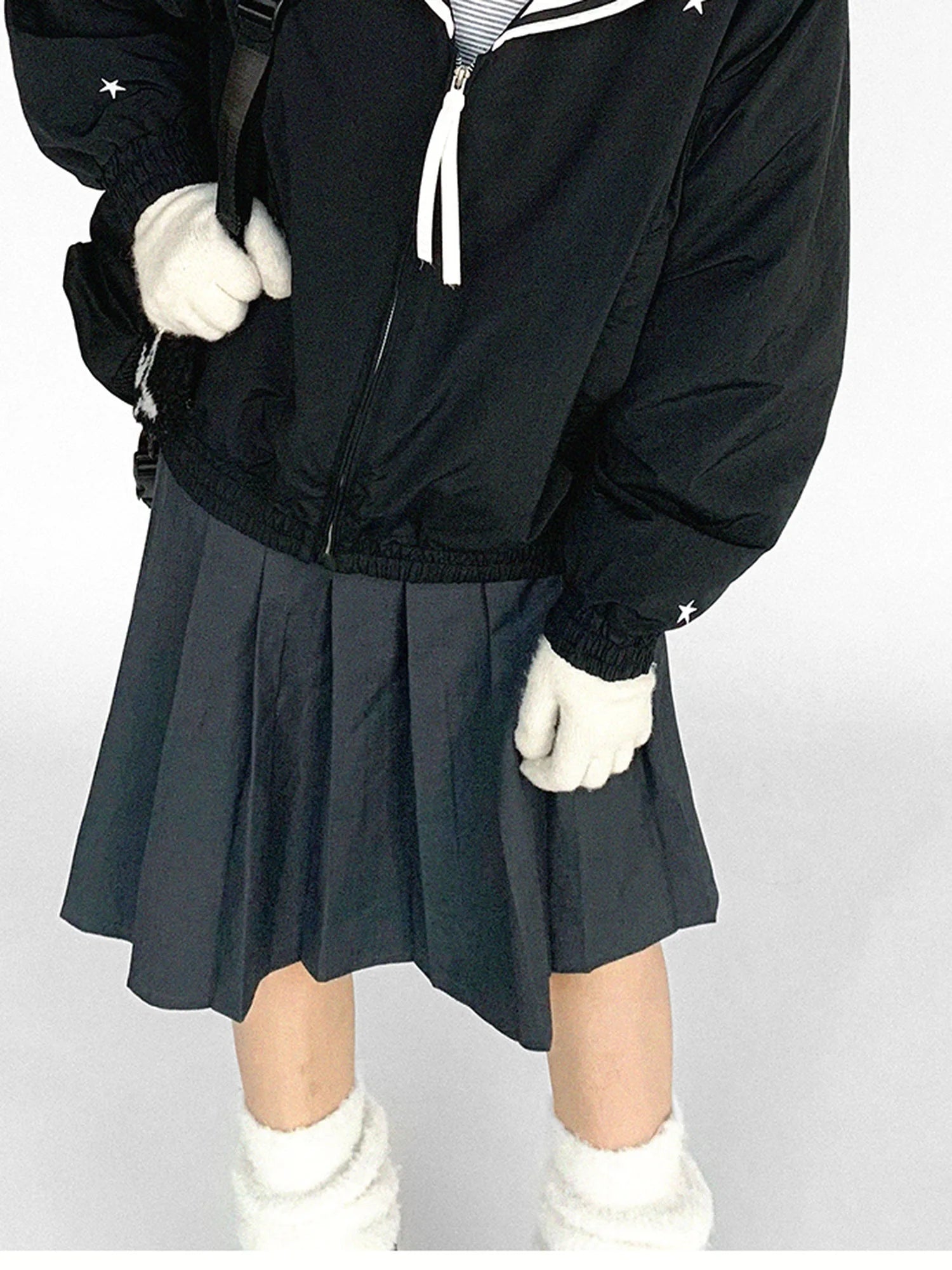 Navy Collar Contrast Cotton Coat Embroidery Detailing