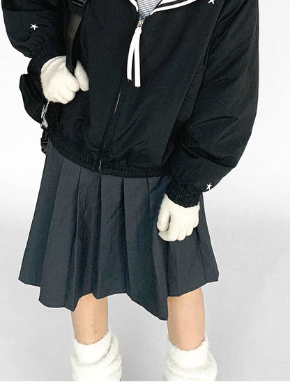 Navy Collar Contrast Cotton Coat Embroidery Detailing