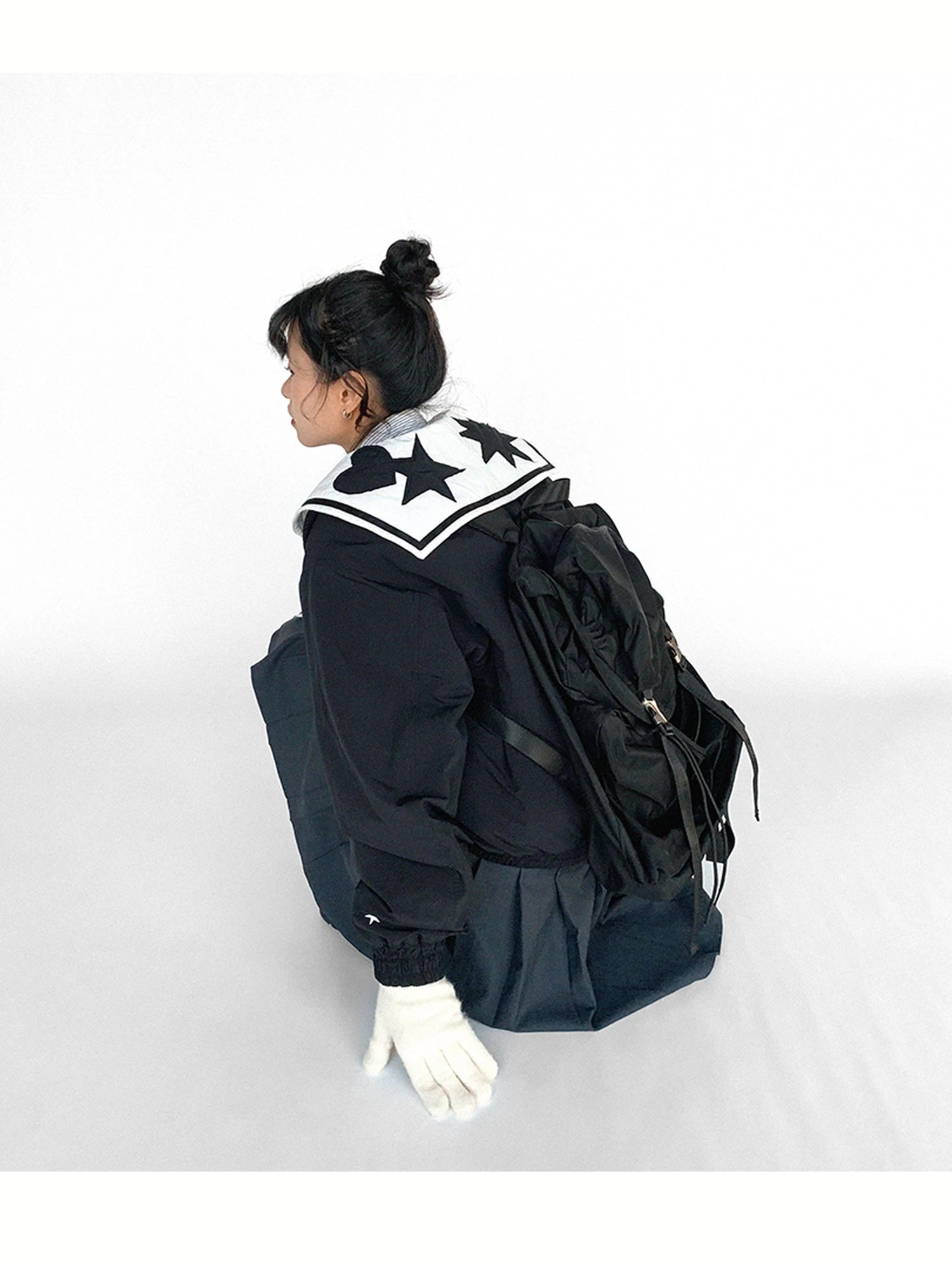 Navy Collar Contrast Cotton Coat Embroidery Detailing