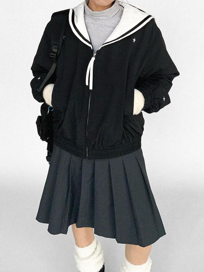 innomoood Navy Collar Contrast Cotton Coat Embroidery Detailing