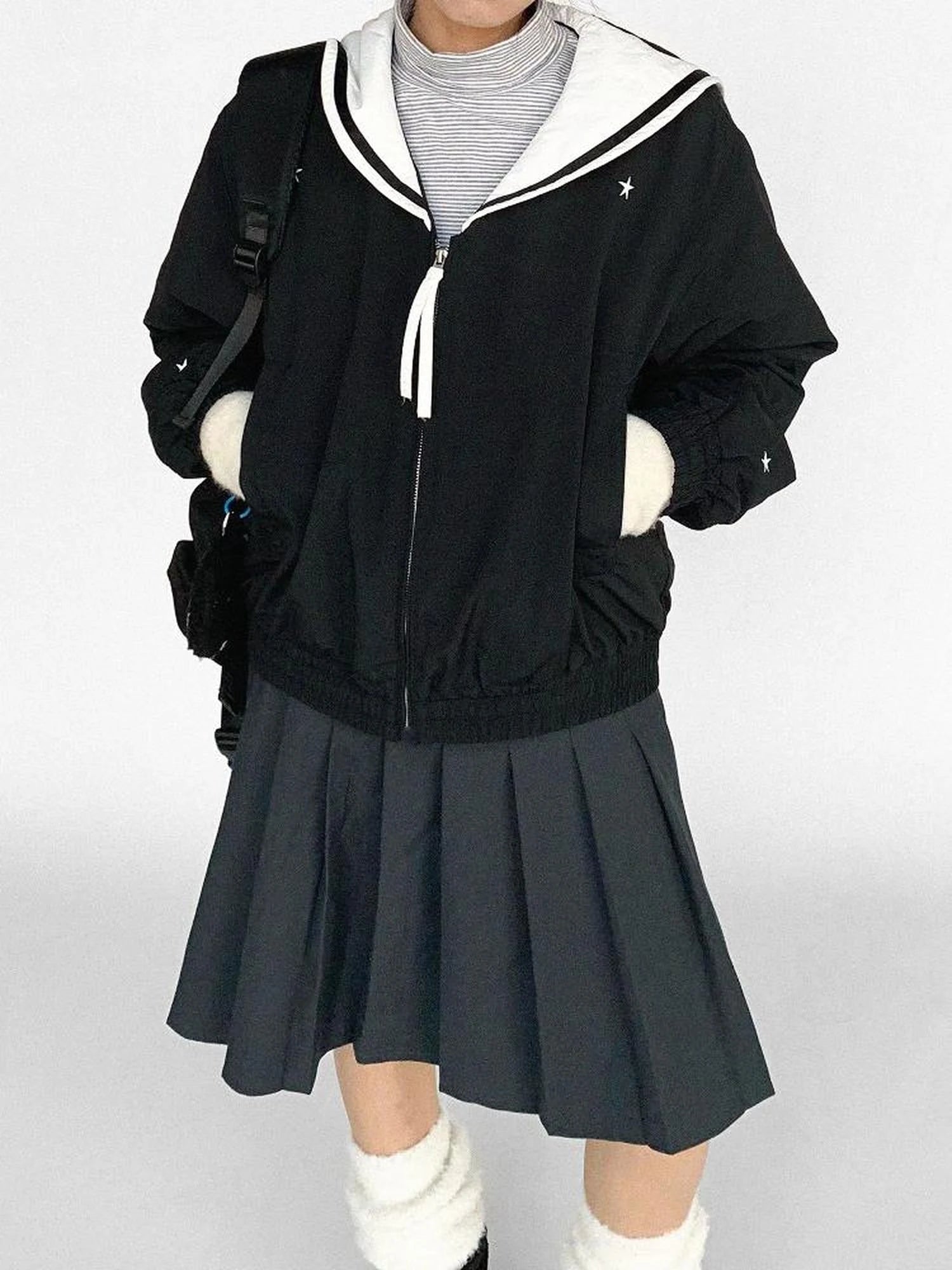 Navy Collar Contrast Cotton Coat Embroidery Detailing