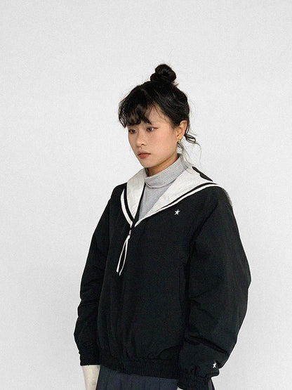 innomoood Navy Collar Contrast Cotton Coat Embroidery Detailing