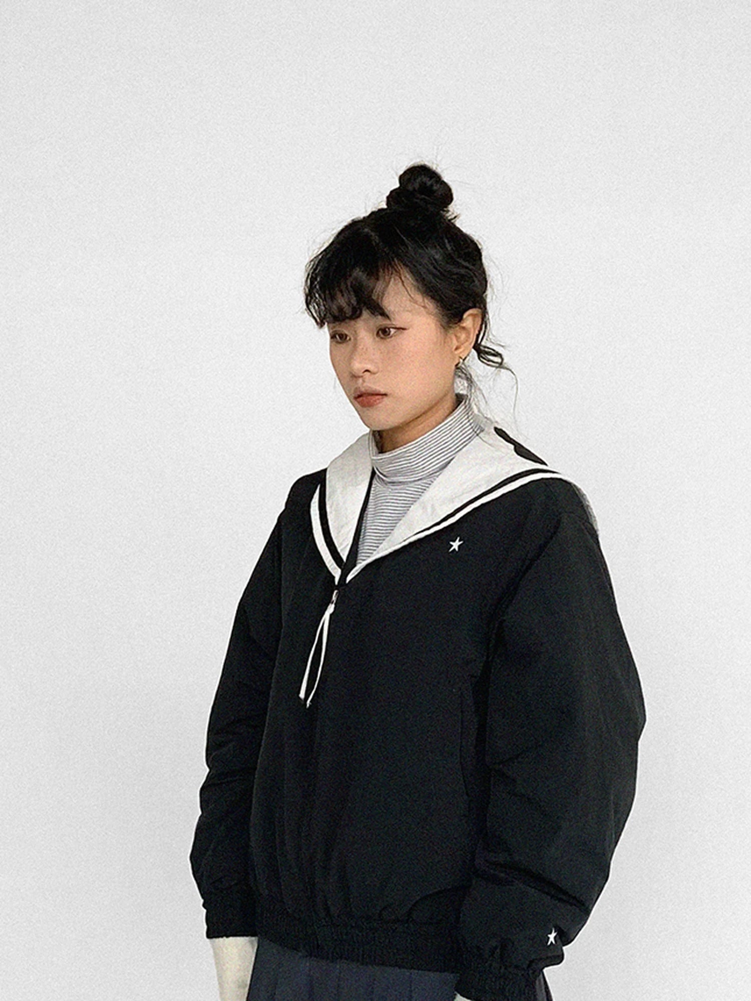 Navy Collar Contrast Cotton Coat Embroidery Detailing