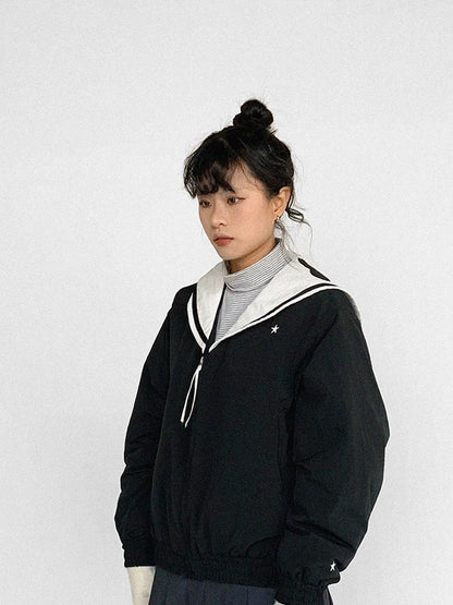 Navy Collar Contrast Cotton Coat Embroidery Detailing