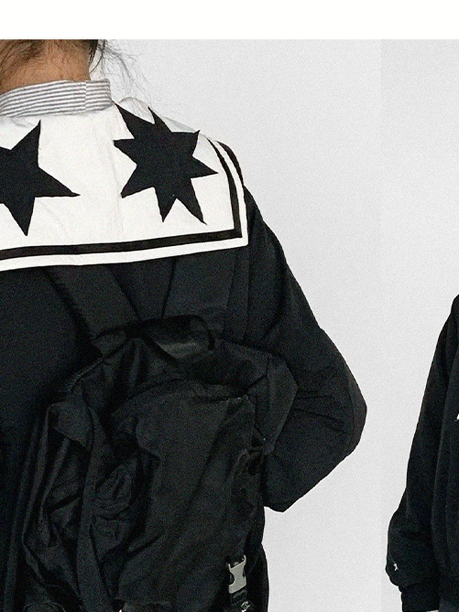 Navy Collar Contrast Cotton Coat Embroidery Detailing