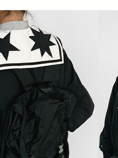 Navy Collar Contrast Cotton Coat Embroidery Detailing