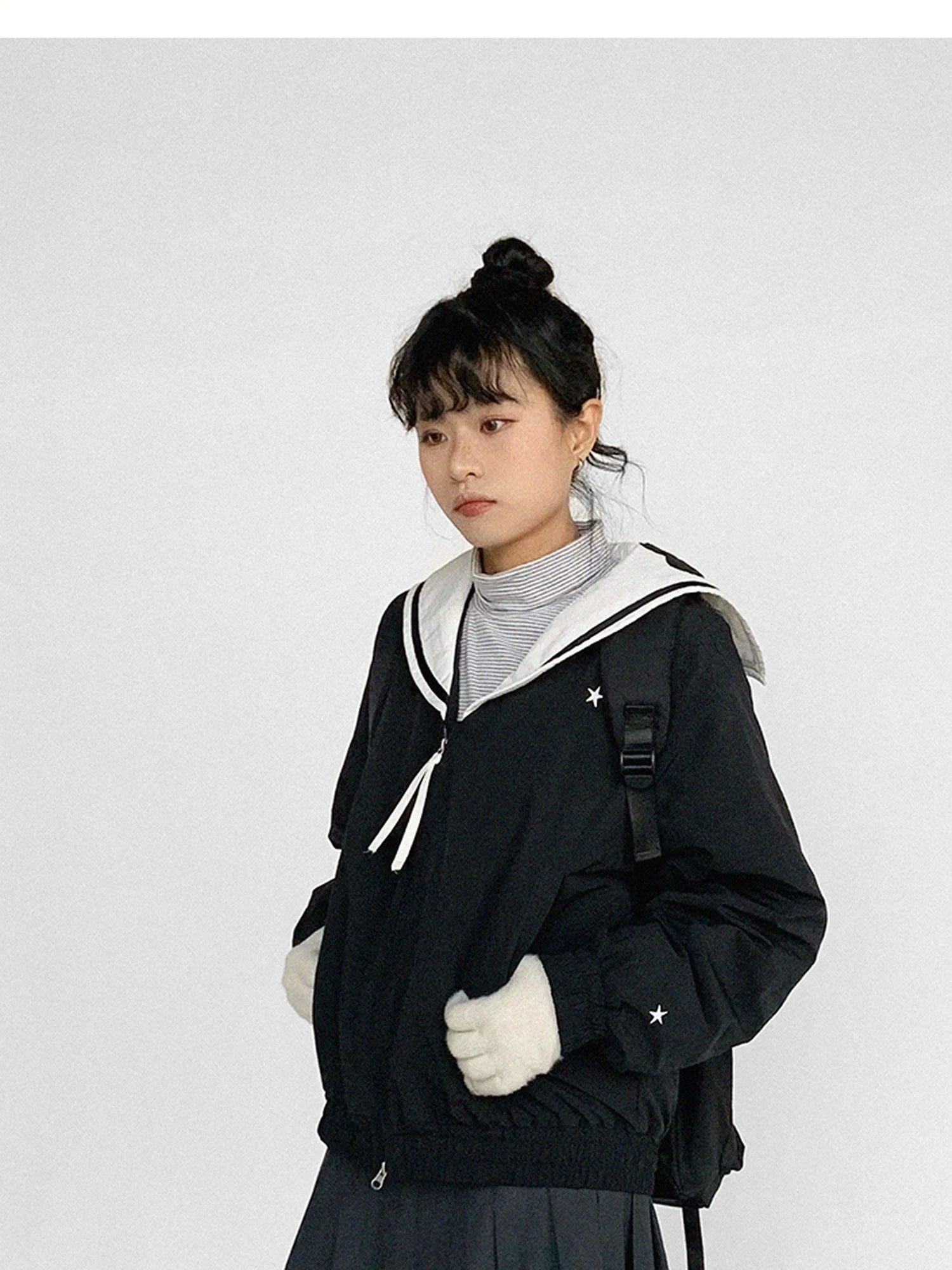 Navy Collar Contrast Cotton Coat Embroidery Detailing