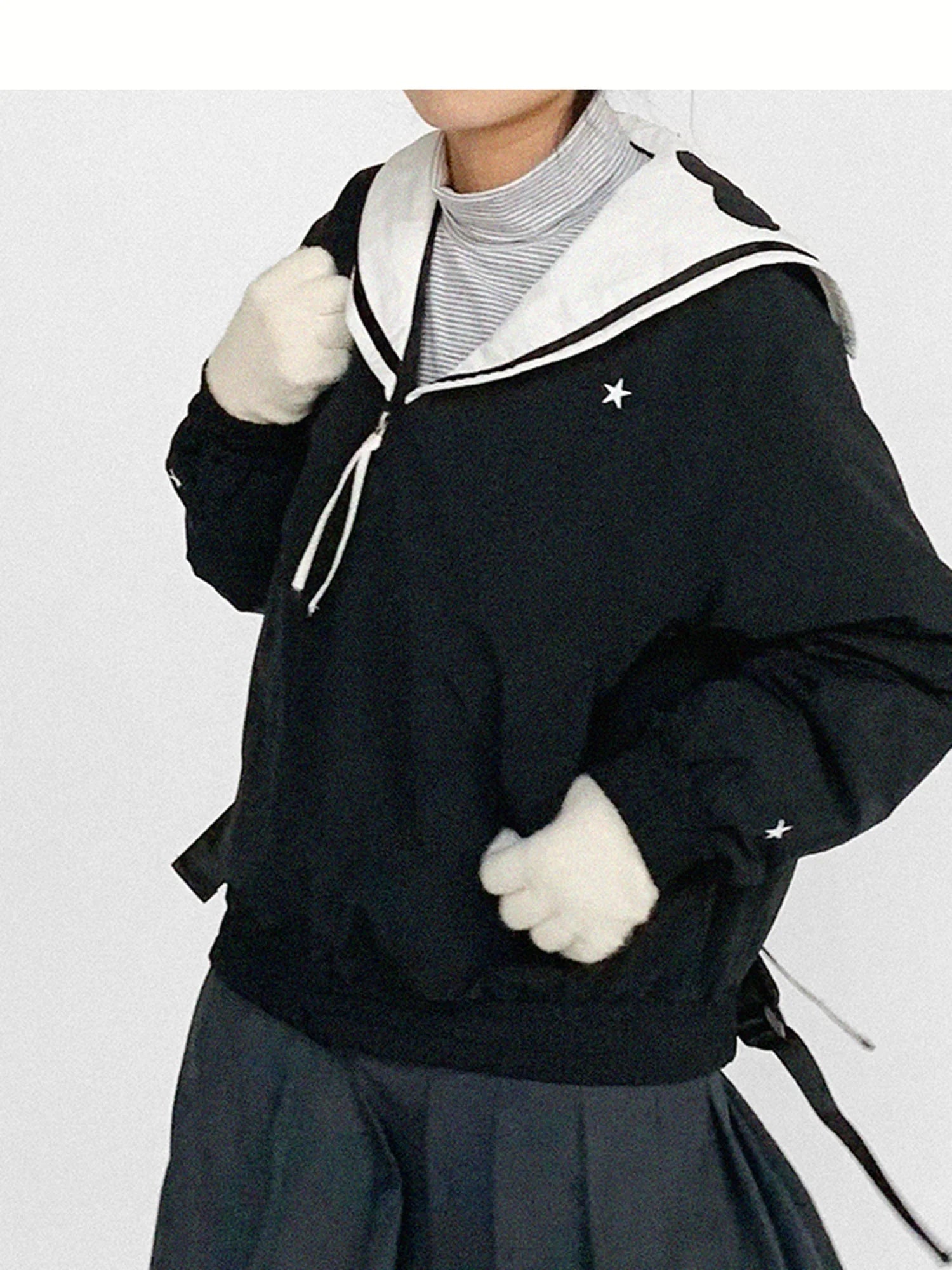 Navy Collar Contrast Cotton Coat Embroidery Detailing