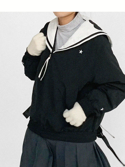 Navy Collar Contrast Cotton Coat Embroidery Detailing