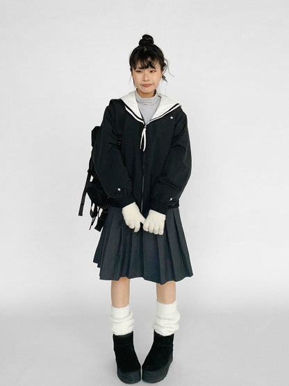 innomoood Navy Collar Contrast Cotton Coat Embroidery Detailing