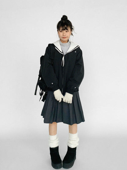 Navy Collar Contrast Cotton Coat Embroidery Detailing