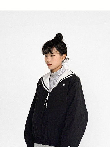 innomoood Navy Collar Contrast Cotton Coat Embroidery Detailing
