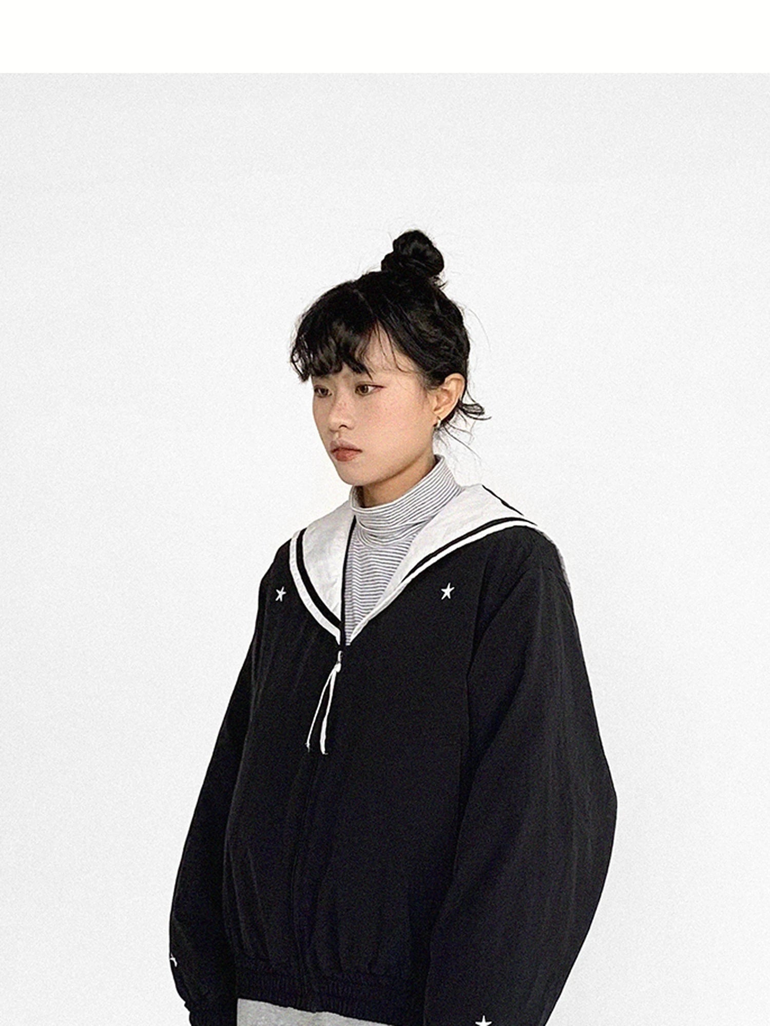 Navy Collar Contrast Cotton Coat Embroidery Detailing