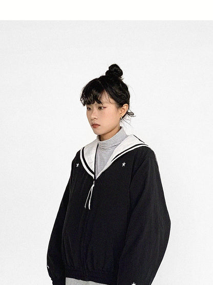 Navy Collar Contrast Cotton Coat Embroidery Detailing