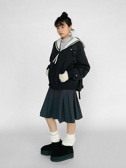 Navy Collar Contrast Cotton Coat Embroidery Detailing