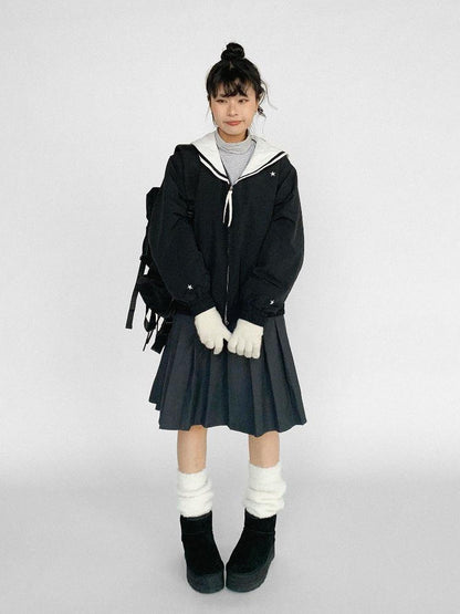 innomoood Navy Collar Contrast Cotton Coat Embroidery Detailing