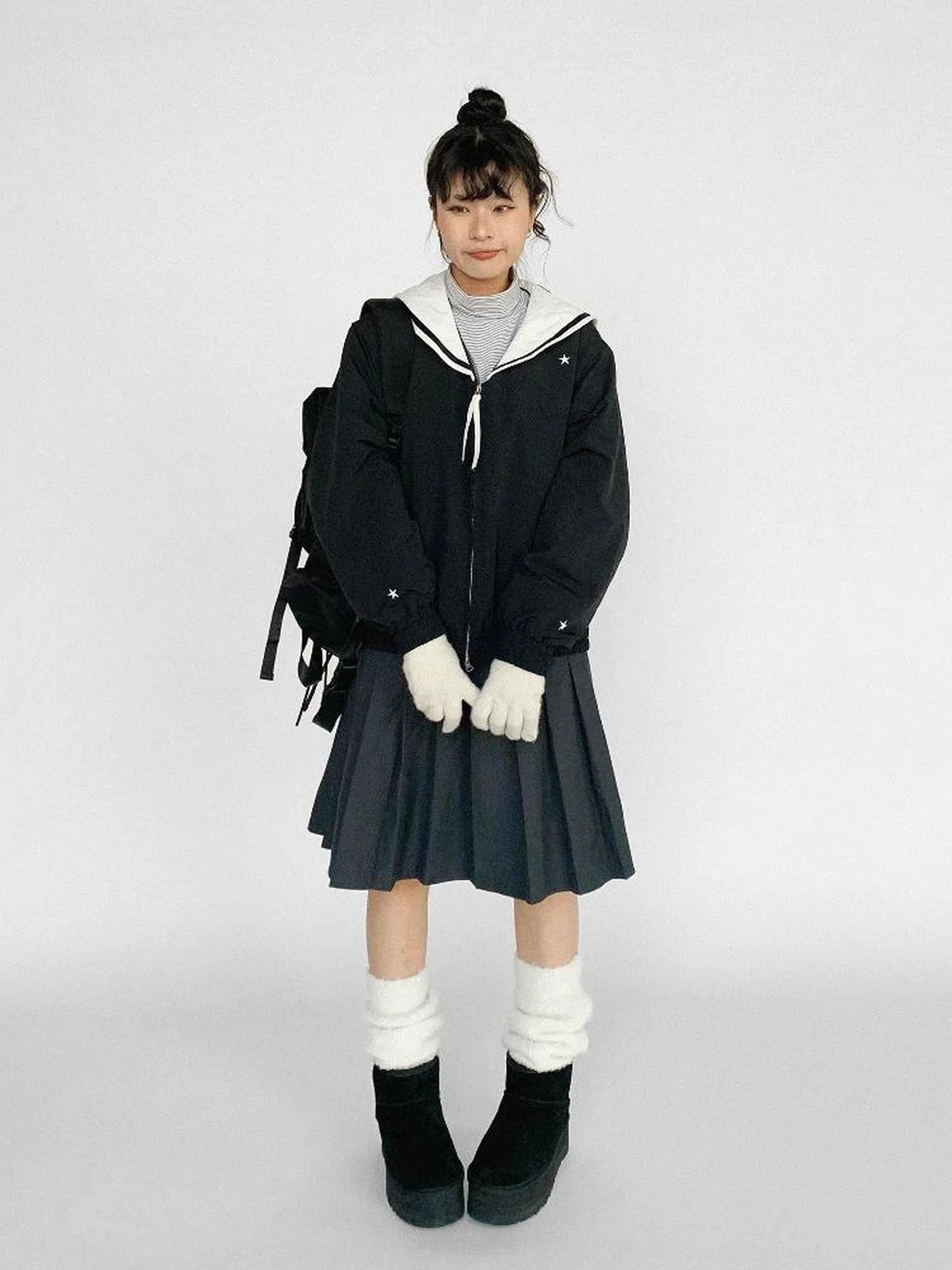 Navy Collar Contrast Cotton Coat Embroidery Detailing