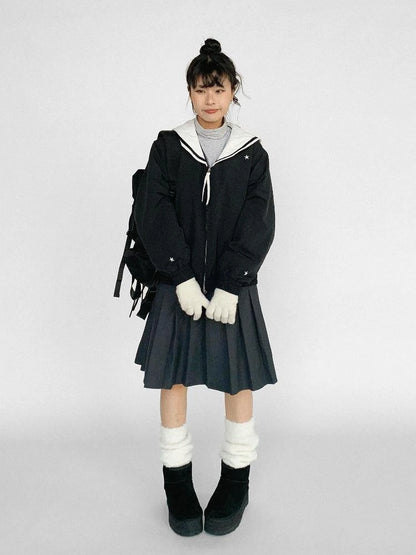 Navy Collar Contrast Cotton Coat Embroidery Detailing