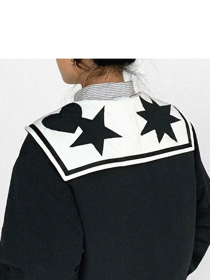 Navy Collar Contrast Cotton Coat Embroidery Detailing