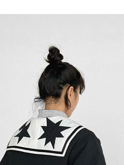 Navy Collar Contrast Cotton Coat Embroidery Detailing