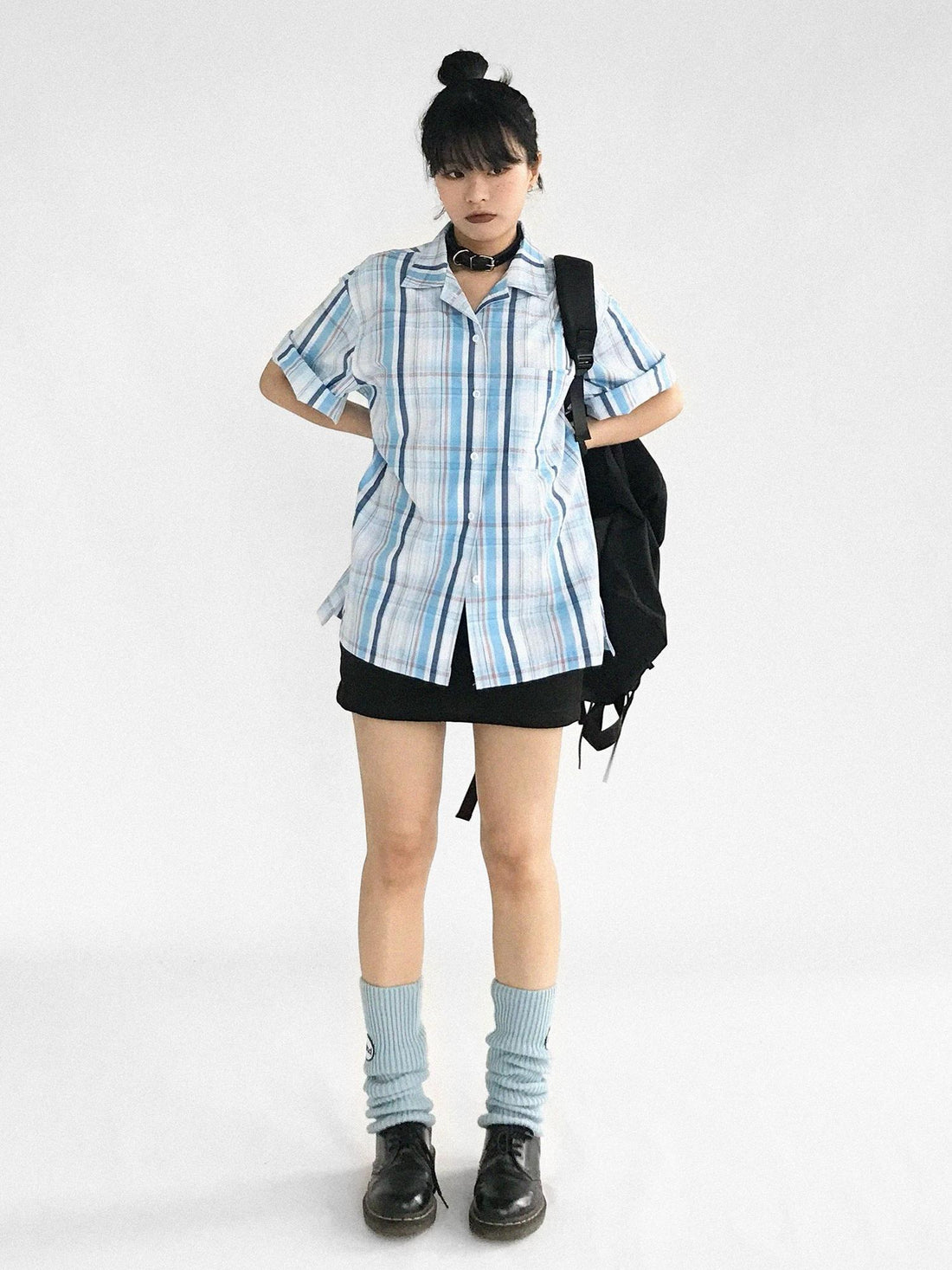 innomoood Oversize Gingham Shirt In Ice Blue