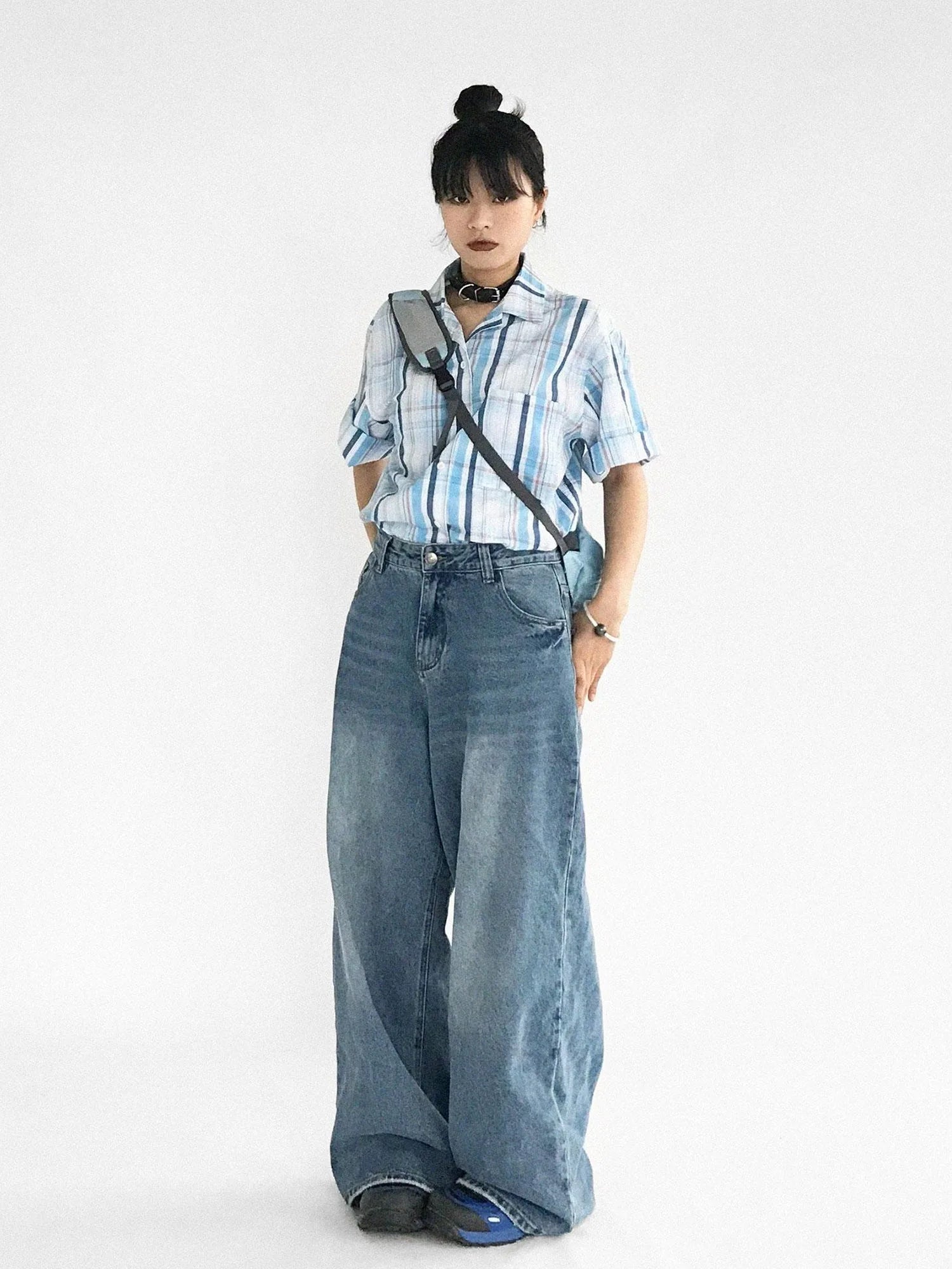 Oversize Gingham Shirt In Ice Blue