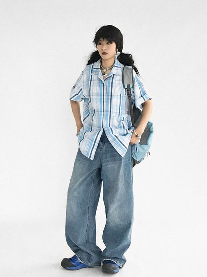 innomoood Oversize Gingham Shirt In Ice Blue