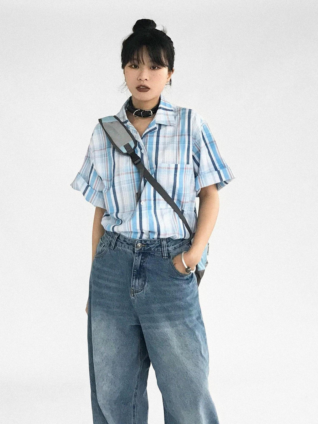 innomoood Oversize Gingham Shirt In Ice Blue