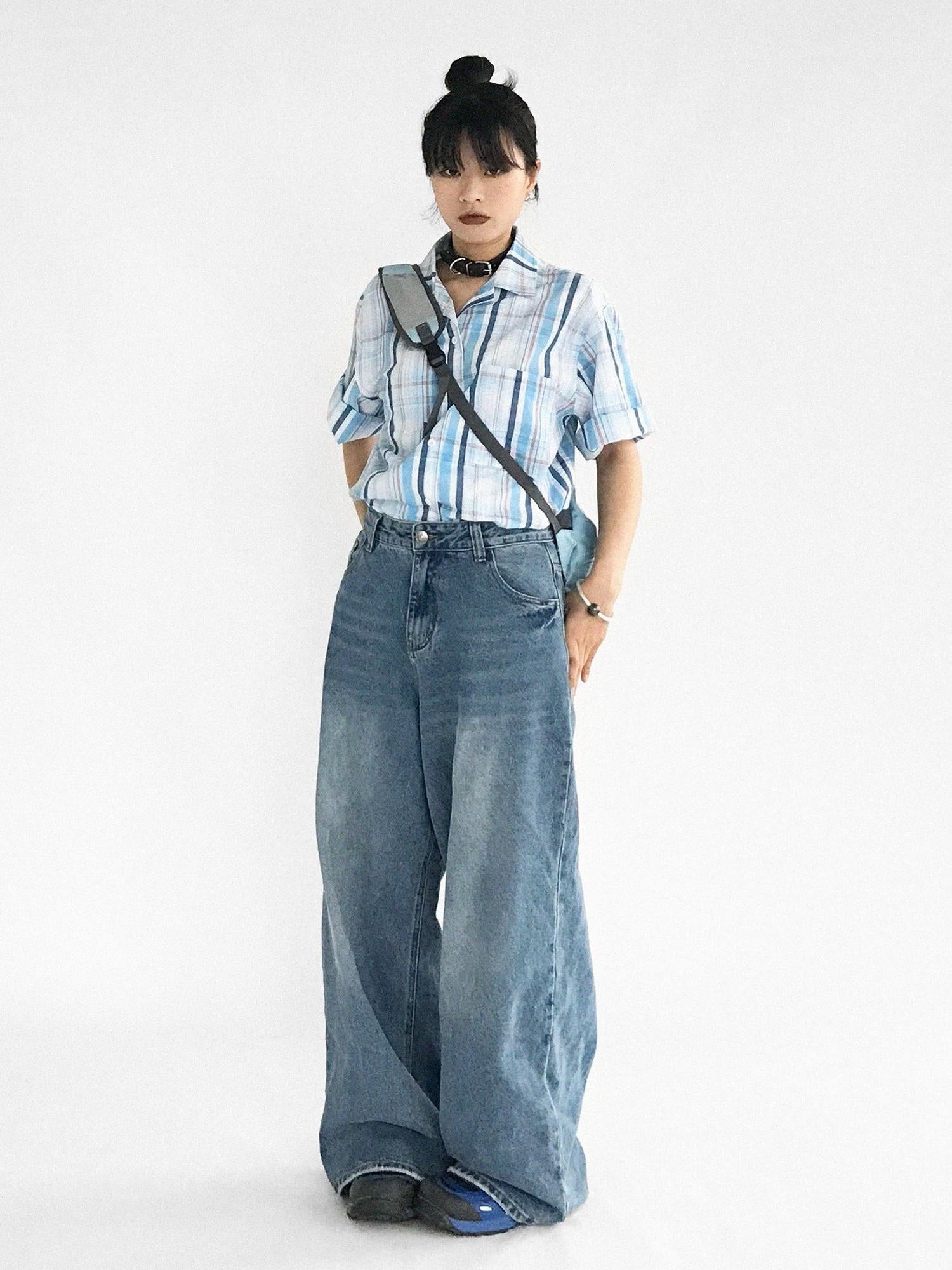 innomoood Oversize Gingham Shirt In Ice Blue