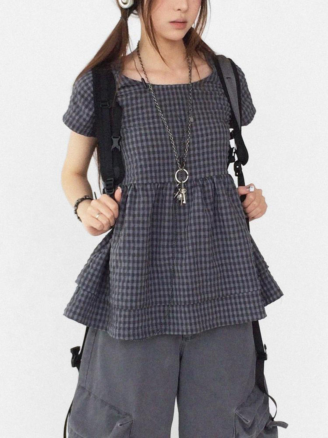 innomoood Oversized Plaid Textured A Line Dress With Double Hem