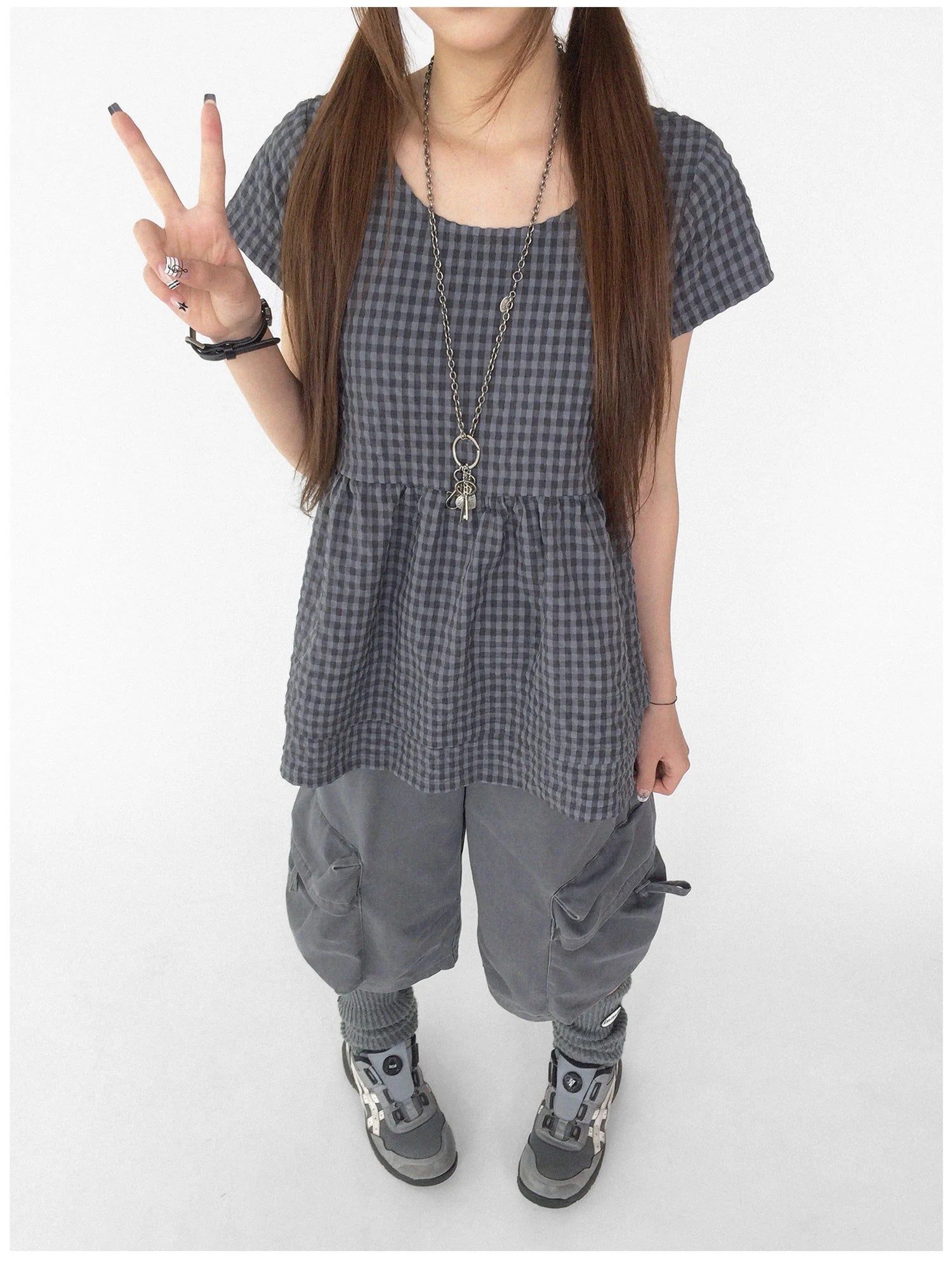 Oversized Plaid Textured A Line Dress With Double Hem