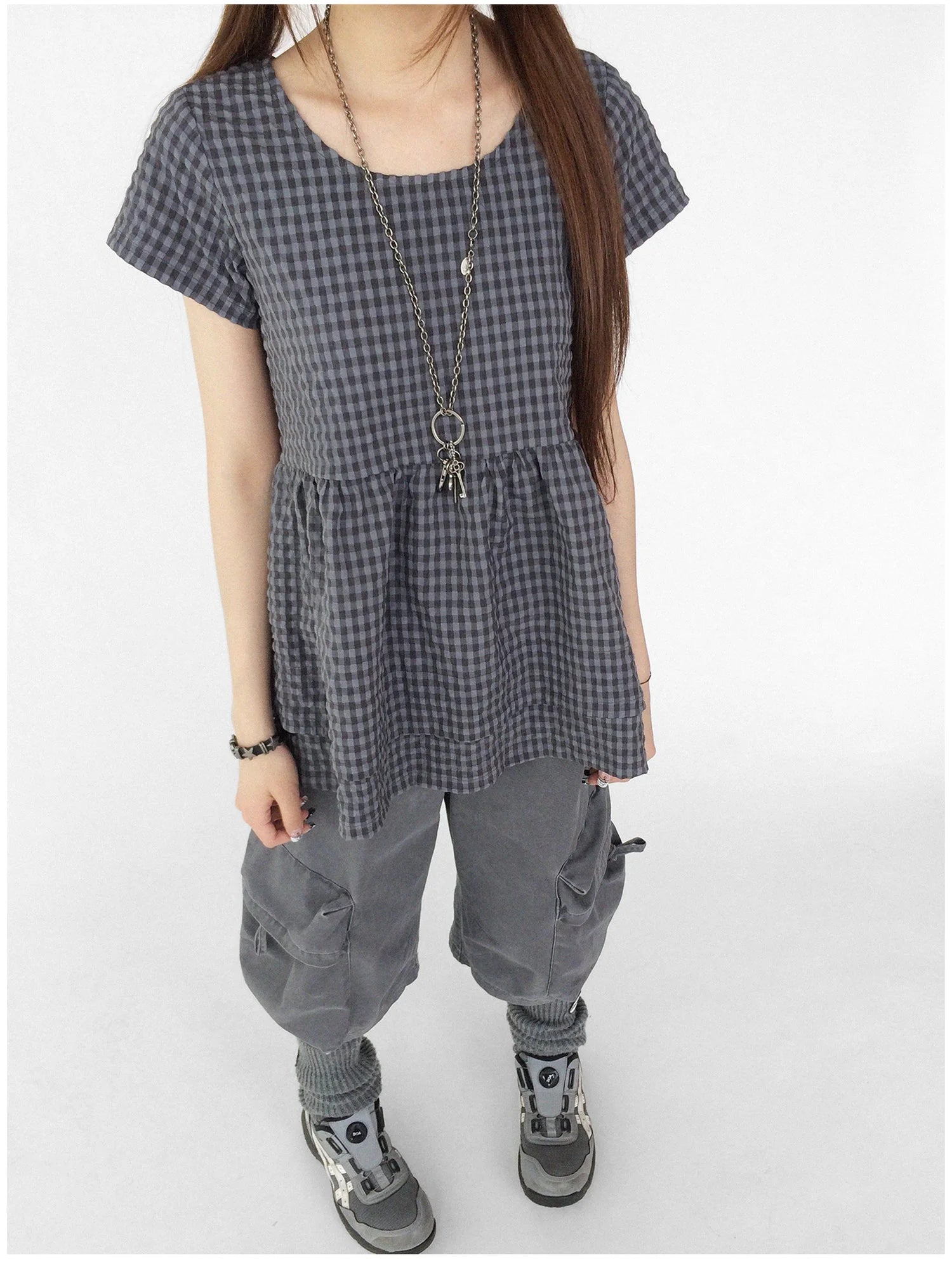 Oversized Plaid Textured A Line Dress With Double Hem